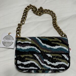 Beaded Zebra-Print Shoulder Bag with Gold Chain